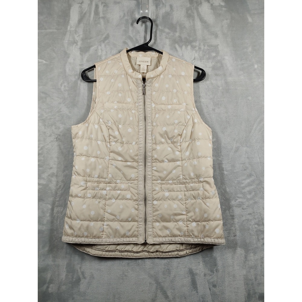 Chicos Quilted Puffer Vest Beige Polka Dot Crochet Trim Mock Neck‎ Size 0 XS S